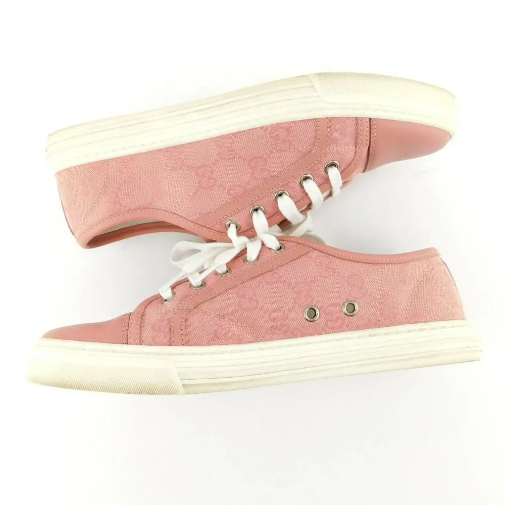 GUCCI Pastel Pink Leather Cap Toe GG Logo Monogram Canvas Lace-up Sneakers 39